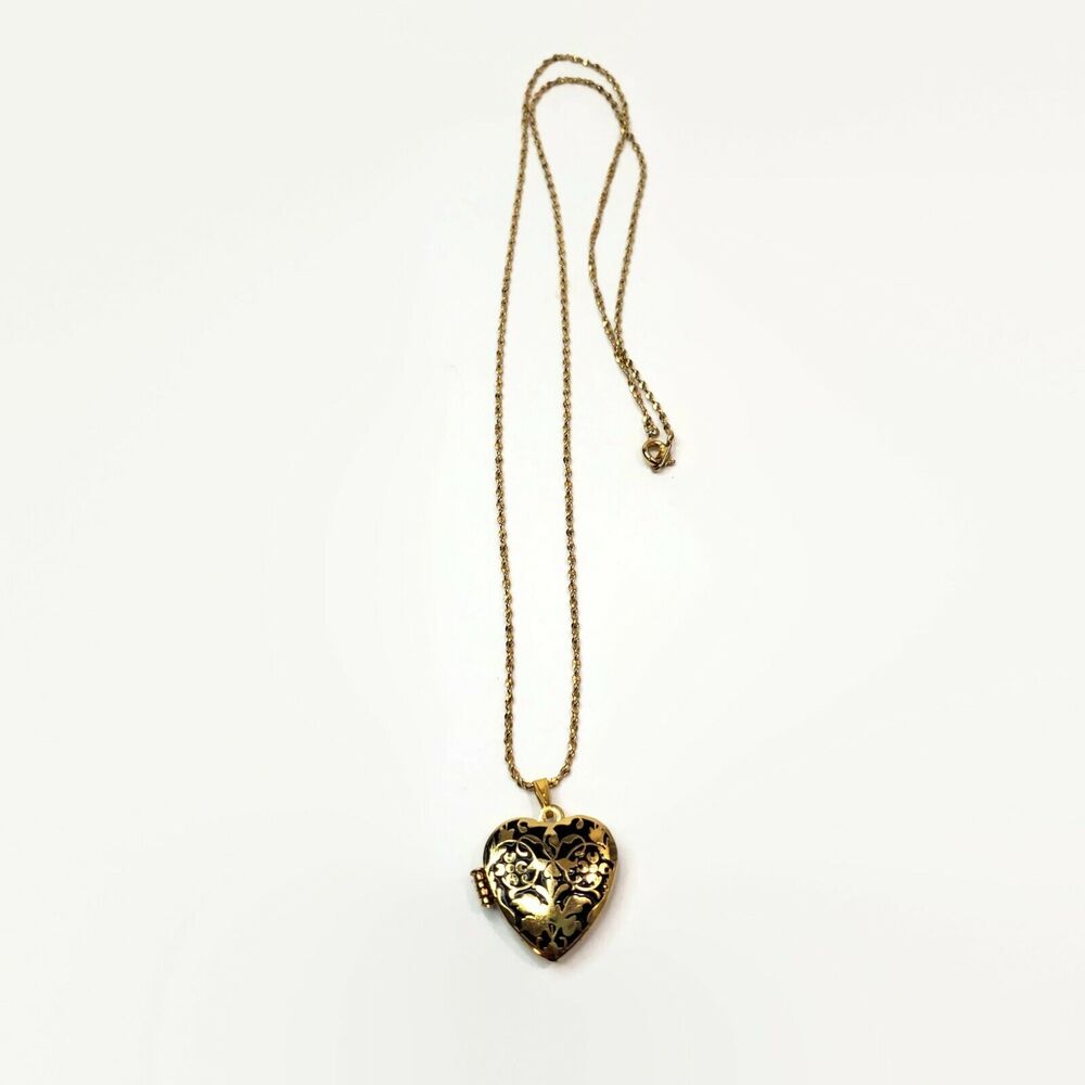 Fish Enterprises Gold Tone Black Enamel Heart Locket Necklace 24"